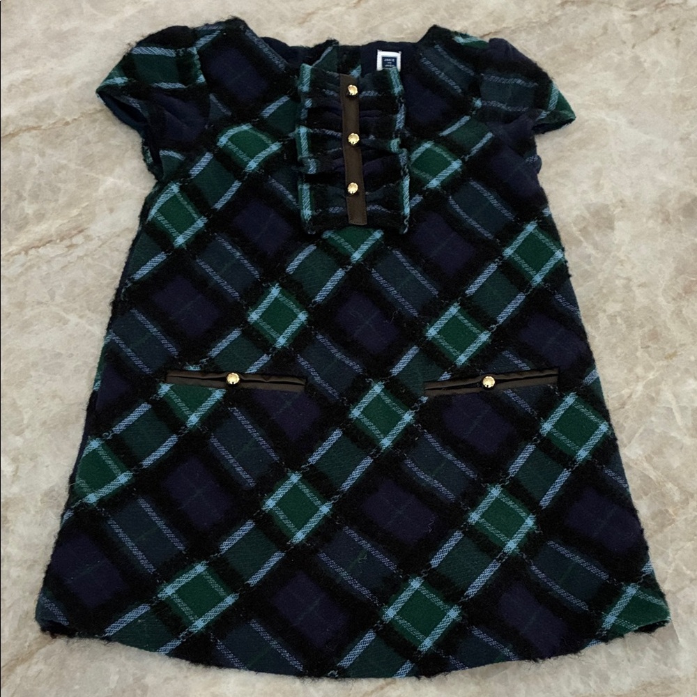 Janie and Jack Plaid Wool Dress with Gold Button Accents